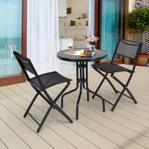 Miniatura 3 de Tangkula Juego de 3 piezas plegables para patio, sillas plegables y mesa con mesa de vidrio templado, mesa redonda y sillas plegables, juego