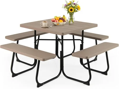 Miniatura 10 de Giantex Juego de mesa de picnic para 8 personas, mesa y banco al aire libre con agujero para paraguas, parte superior de polietileno de alta Verde