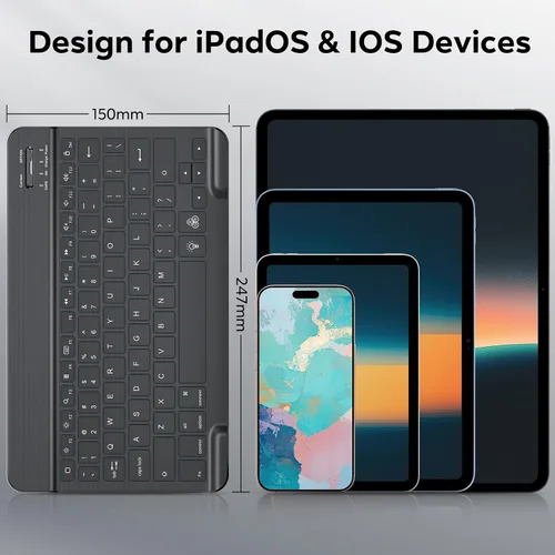 Miniatura 3 de OMOTON Teclado Bluetooth, teclado inalámbrico recargable para iPad, iPad Pro, iPad mini, iPad Air con LED iluminado (negro)