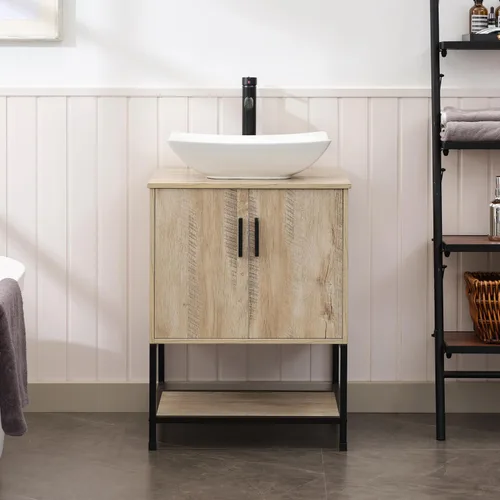 UEV Tocador de Baño de Roble Rústico de 24" con Lavabo, Conjunto de Gabinete de Baño con Marco de Hierro Industrial con Puertas y Estante, con Combo