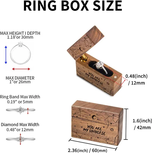 Miniatura 6 de Caja de anillo de compromiso de madera, pequeña funda plana delgada para propuesta, boda (You are my universe)
