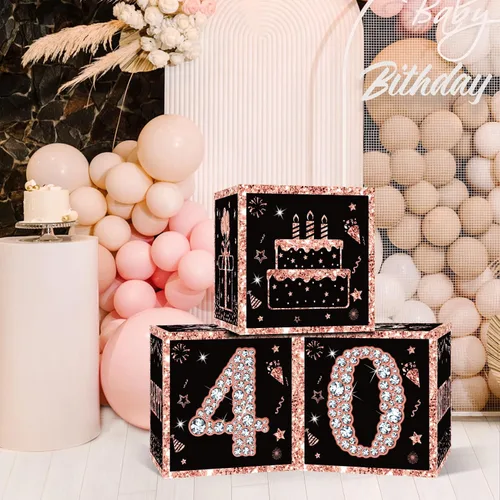 Miniatura 3 de Eiurteao Cajas de 3 piezas de decoraciones de cumpleaños número 40 para mujeres, cajas de globos de cumpleaños número 40 en oro rosa, suministros