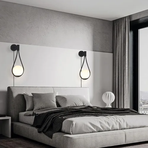 Miniatura 7 de BOKT Moderna lámpara de pared de vidrio negra para colgar en la pared, apliques de pared de mediados de siglo para dormitorio, con gota de agua