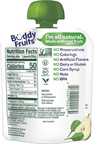 Miniatura 2 de Buddy Fruits & Veggies Snacks To Go Pear Espinacas Puré de manzana sin azúcar Bolsa de 3.2 oz (18 unidades) Gluten-Nut-Conservantes lácteos-Libre