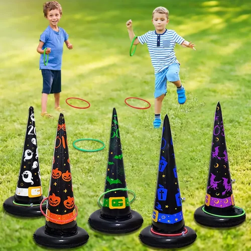 Miniatura 7 de Poptrend Paquete de 5 juguetes de Halloween, juegos inflables de sombrero de bruja para lanzar anillos, juego inflable de lanzamiento de anillos