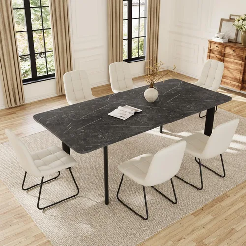 Miniatura 18 de HIPIHOM Mesa de comedor extensible para 6-8 personas, mesa rectangular de 63 a 78.7 pulgadas, MDF blanco con patas de metal resistentes, ahorro