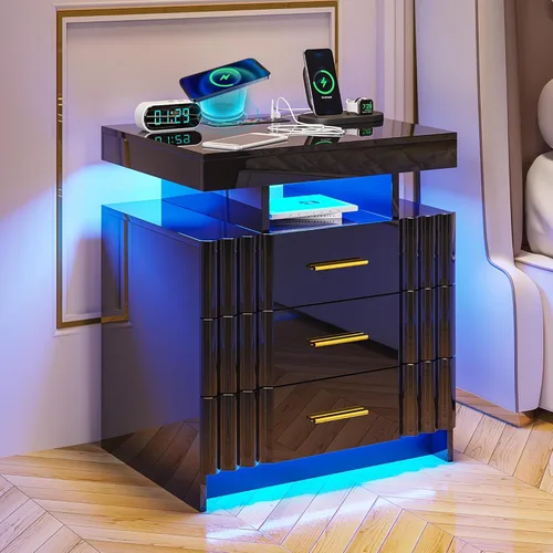 Miniatura 16 de HNEBC Mesita de noche LED, RGB blanco con estación de carga USB/inalámbrica, moderna mesita de noche con sensor automático de luces RGB, mesa blanco