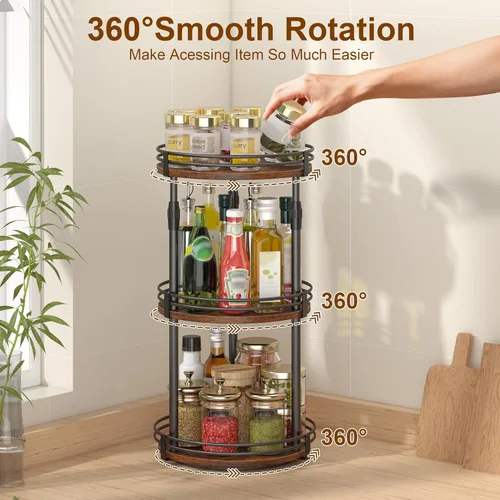 Miniatura 5 de Across-Star Organizador Lazy Susan para Especias, Organizador de Especias Giratorio Ajustable de 3 Niveles para Gabinete de Marrón rústico