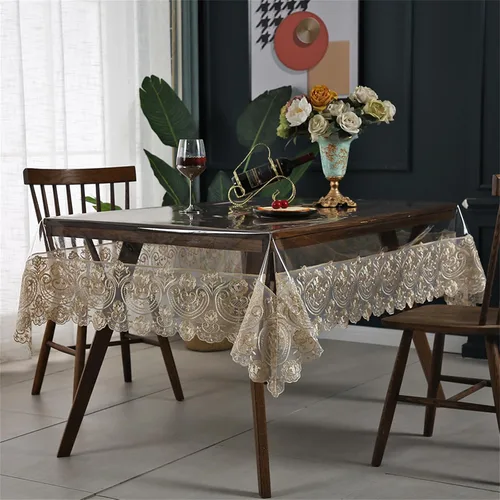 Miniatura 2 de Mantel rectangular de plástico transparente de vinilo impermeable, borde de encaje bordado, mantel transparente para comedor, cocina al aire libre