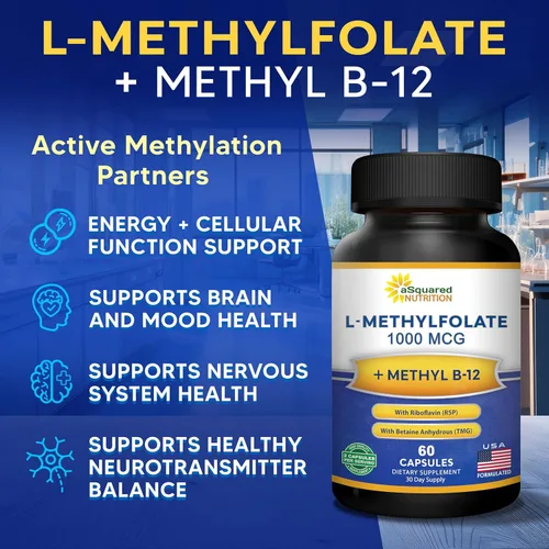 Miniatura 7 de aSquared Nutrition L Metilfolato Plus Metil B12 - Suplemento de folato metilado para mujeres y hombres - 5-MTHF (vitamina B9 activa) 1000 mcg y B-12