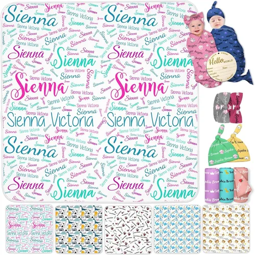 Miniatura 11 de Manta personalizada para bebés y niños, manta con nombre personalizado para recibir con diadema de lazo y sombrero, artículos personalizados