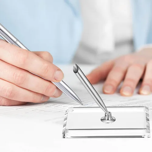 Miniatura 6 de Chinco 2 juegos de bolígrafo y soporte plateado para invitados, incluye 2 bolígrafos de metal plateado para escribir con repuesto negro, 2 soportes