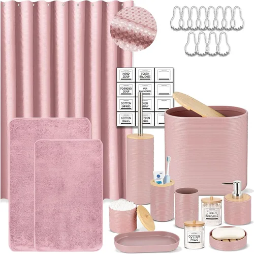 Miniatura 20 de IMAVO Juego de accesorios de baño - Juego de 11 piezas de accesorios de baño beige con cubo de basura, dispensador de jabón, jabonera, soporte
