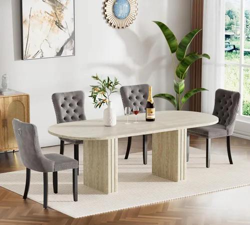 Miniatura 12 de Juego de 4 mesas de comedor extensibles, mesa de comedor ovalada negra y 4 sillas de comedor de terciopelo negro con patas de madera, juego de mesa
