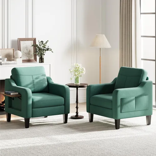 Miniatura 17 de Silla de acento para sala de estar, sillón moderno tapizado en lino, silla de sofá lateral de tela con estructura de madera con mesa plegable, 2