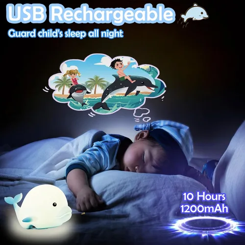 Miniatura 7 de Luz nocturna de delfín para niños, bonita luz nocturna, 16 colores de silicona, regulables, luces nocturnas para bebé, luz nocturna recargable