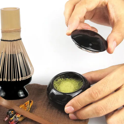 Miniatura 3 de Artcome Juego de té matcha japonés de 10 piezas, cuenco matcha, batidor, cuchara, paño, soporte de bambú, organizador de polvo, colador (negro)