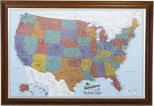 Miniatura 40 de Push Pin Travel Maps Lienzo personalizado Blue Oceans USA con marco gris de madera de granero