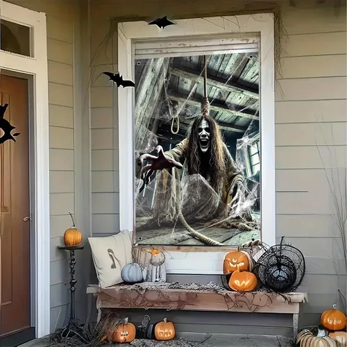 Miniatura 7 de BlissYard Pancarta para ventana de Halloween de 31 x 47 pulgadas, diseño de casa embrujada, fantasma, ventana, espíritu espeluznante, decoración