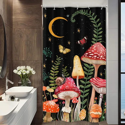 Miniatura 3 de Juego de cortinas de ducha con diseño de hongos y mariposas florales negras y rojas, tela impermeable, cortinas de ducha para baño, decoración