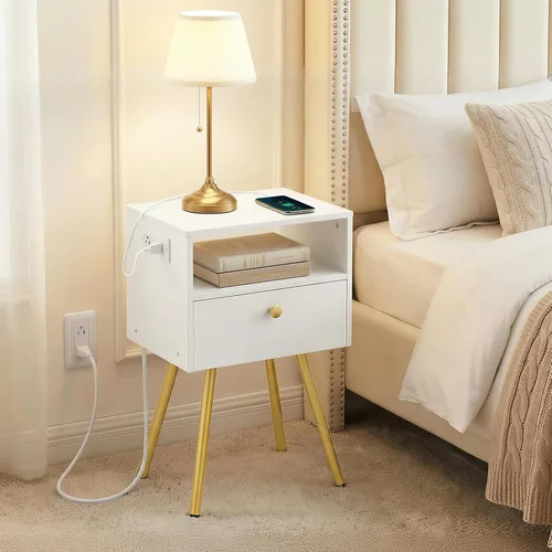 Miniatura 8 de HOOBRO Mesita de noche con estación de carga, mesa auxiliar con puerto USB y tomacorriente, mesa auxiliar pequeña para espacios reducidos, sólida
