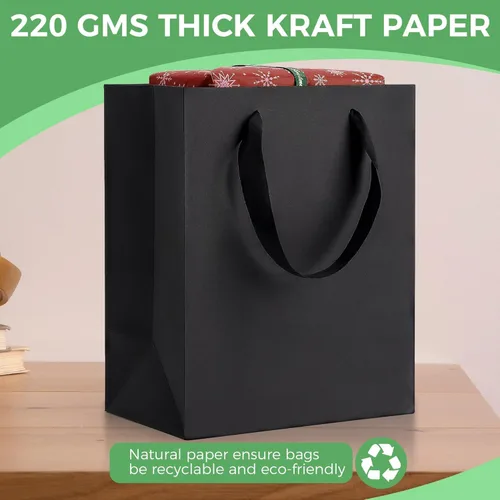 Miniatura 3 de PrimeSign Bolsas de regalo negras con asas: 8 x 5 x 10 pulgadas, paquete de 12 bromas de papel negro, a granel, para fiestas, compras, cumpleaños