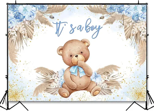 Miniatura 3 de Avezano Telón de fondo bohemio para baby shower para decoración de fiesta de niños, hierba azul de las pampas, con texto en inglés "It's a Boy