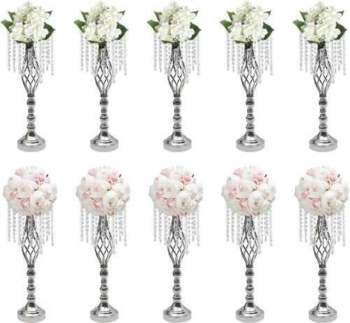 Miniatura 11 de Juego de 10 portavelas de metal dorado de 10.2 pulgadas de alto, florero, arreglo floral, candelabro, candelabro, portavelas para bodas, fiestas