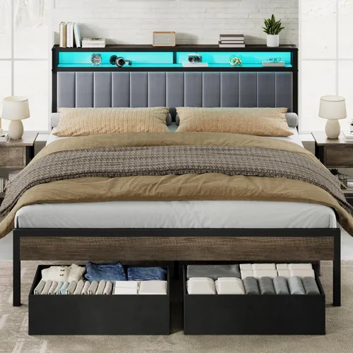 Miniatura 16 de AMERLIFE Base de cama individual con luz LED y 2 cajones de almacenamiento, plataforma de metal con cabecera de almacenamiento, tapizada
