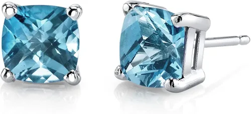 Peora Aretes tipo dormilona de topacio azul suizo para mujer en oro blanco de 14 quilates, solitario clásico, corte cojín de 0.25 pulgadas, 2.25