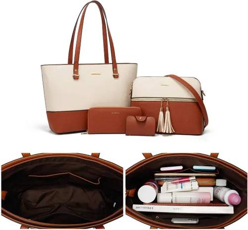 Miniatura 175 de Juego de 4 bolsas modernos para mujer de cuero sintético: bolso tote, bolso de hombro, bolso de mano y cartera.