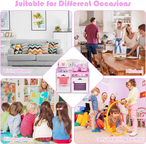 Miniatura 4 de HONEY JOY Juego de Cocina Rosa para Niños, Cocina de Juego de Simulación de Madera para Niños Pequeños, 13 Piezas de Utensilios de Cocina, Grifo