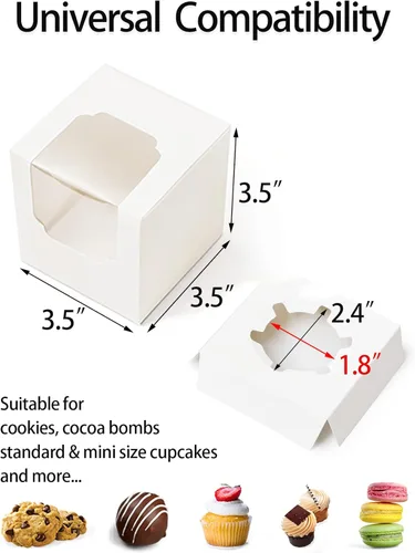 Miniatura 3 de Happyhiram Cajas para cupcakes, 50 unidades, color blanco, individual, soportes de cartón con inserto y ventana para magdalenas, bombas de cacao