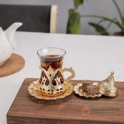 Miniatura 5 de Alisveristime Cakmali - Juego de té turco con 6 tazas de vidrio, 3.4 fl oz, dorado