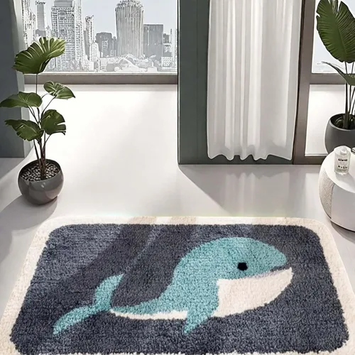 Miniatura 7 de Alfombra de baño de microfibra con diseño de ballena, alfombra de baño para niños, decoración náutica con peces y océano, antideslizante, suave