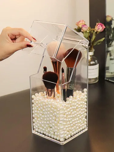 Miniatura 3 de Sooyee Soporte para brochas de maquillaje, organizador de brochas de maquillaje con perlas blancas de 0.315 in, soporte para brochas de maquillaje a