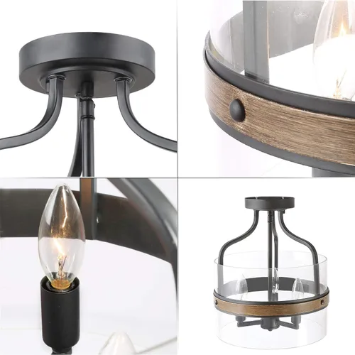Miniatura 6 de KSANA Lámpara de techo semiempotrada, moderna lámpara de techo de madera sintética con pantalla de vidrio para pasillo, dormitorio, cocina, baño