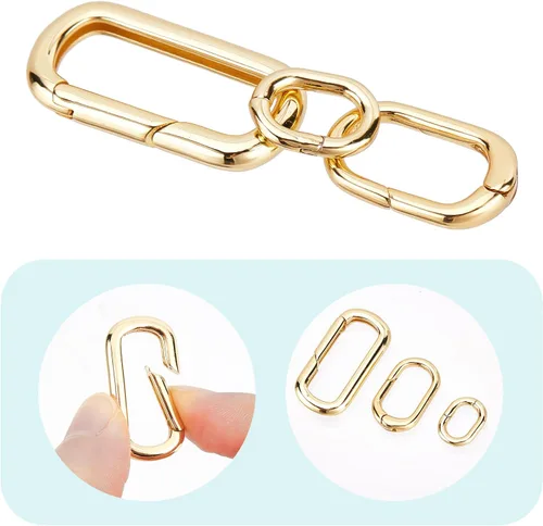Miniatura 5 de SUNNYCLUE 1 caja de 6 piezas de 3 tamaños de latón ovalados llaveros de puerta de resorte, pequeño llavero de oro de 18 quilates, mosquetón, cierres