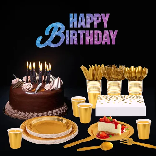 Miniatura 6 de Juego de vajilla desechable dorada de 175 piezas para fiestas, platos de papel dorados, servilletas, vasos, tenedores de plástico dorado, cuchillos