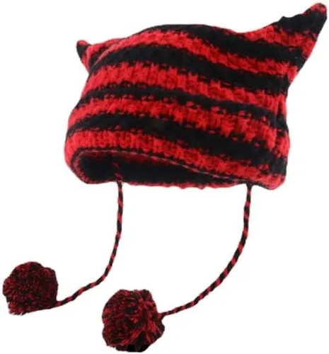 Acubi Gorro de punto con orejas de gato Y2K Emo Gyaru Cutecore Gorro de ganchillo Cottagecore Pompones Slouchy Accesorios