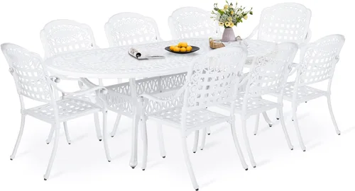 Miniatura 23 de Juego de comedor de patio de 9 piezas, mesa y sillas de patio al aire libre, mesa de comedor ovalada de aluminio fundido de 84 pulgadas con agujero