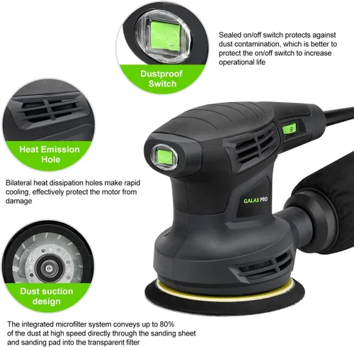 Miniatura 5 de GALAX PRO Lijadora orbital de 280 W 13000OPM de 6 velocidades variables con 15 discos de lijado, lijadora eléctrica de 5 pulgadas con colector