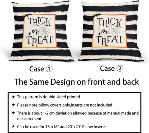Miniatura 4 de Kawani Juego de 2 fundas de almohada de Halloween con diseño de truco o trato de 16 x 16 pulgadas, diseño de rayas blancas y negras, fundas