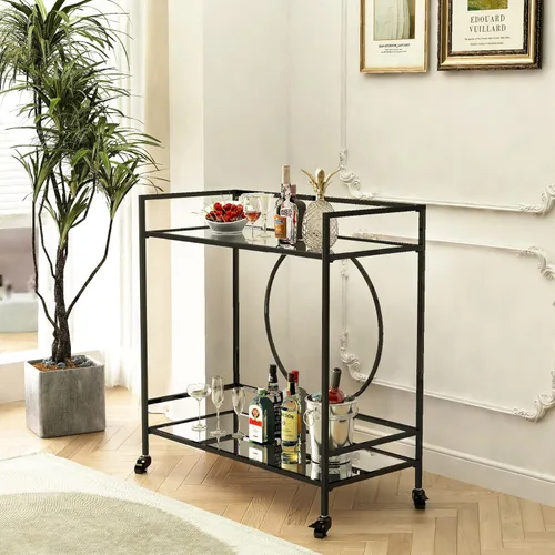 Miniatura 4 de RiteSune Carrito de bar negro con ruedas, carrito de servir vintage con 2 estantes de espejo, carrito de alcohol para bar en casa
