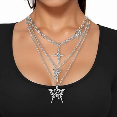 Miniatura 11 de Juego de 10 piezas de collar Y2k para mujer, accesorios góticos grunge, collares de joyería, cruz gótica, espinas de hadas, ángel gótico, corazón