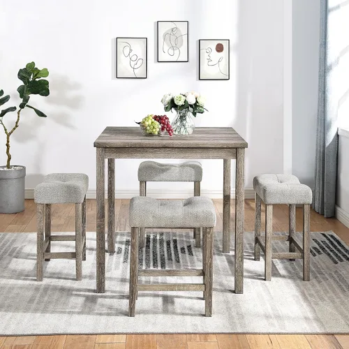 Miniatura 7 de Juego de mesa de desayuno de 34'' marrón cuadrado, juego de mesa de comedor de madera maciza con 4 sillas marrones para sala de estar, comedor, salón