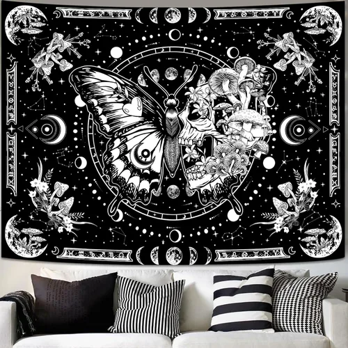 Fungarth Tapiz de Esqueleto y Mariposa Blanco y Negro Calavera Hongos Plantas Tapices Hippie Estético Tapiz Colgante de Pared para Dormitorio Sala