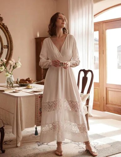 Miniatura 38 de Vestido largo de encaje para mujer de manga corta y cuello en V, vestido de fiesta estilo bohemio con cintura fruncida, vestido bohemio para mujer