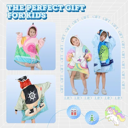 Miniatura 5 de Sudadera tipo manta portátil para niños, de gran tamaño, con capucha, de sherpa, con bolsillo en la capucha y mangas, para niños pequeños, lindas
