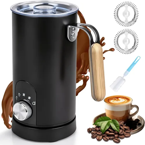 Espumador de leche eléctrico 5 en 1, espumador de leche automático para hacer chocolate caliente con mango de grano de madera, calentador de leche